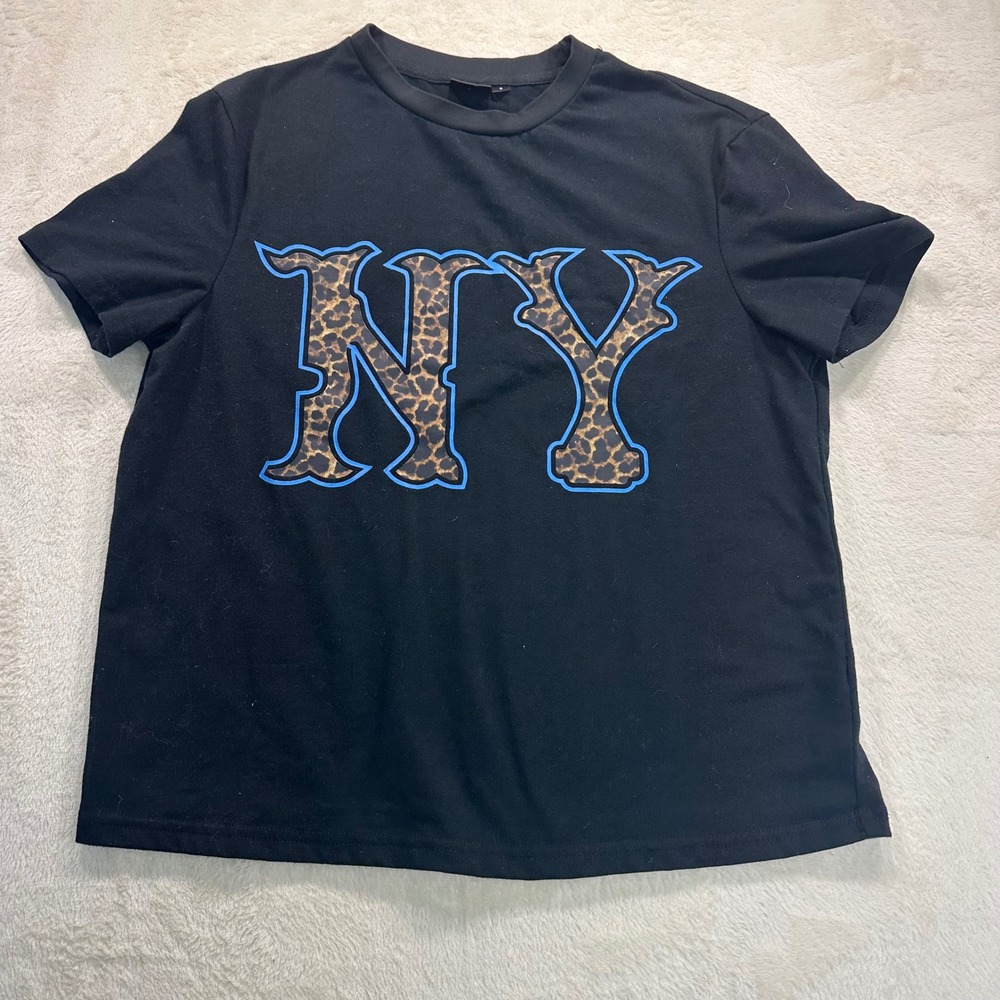 Sumwon Black NY Leopard Print Graphic T-Shirt Short Sleeve Small